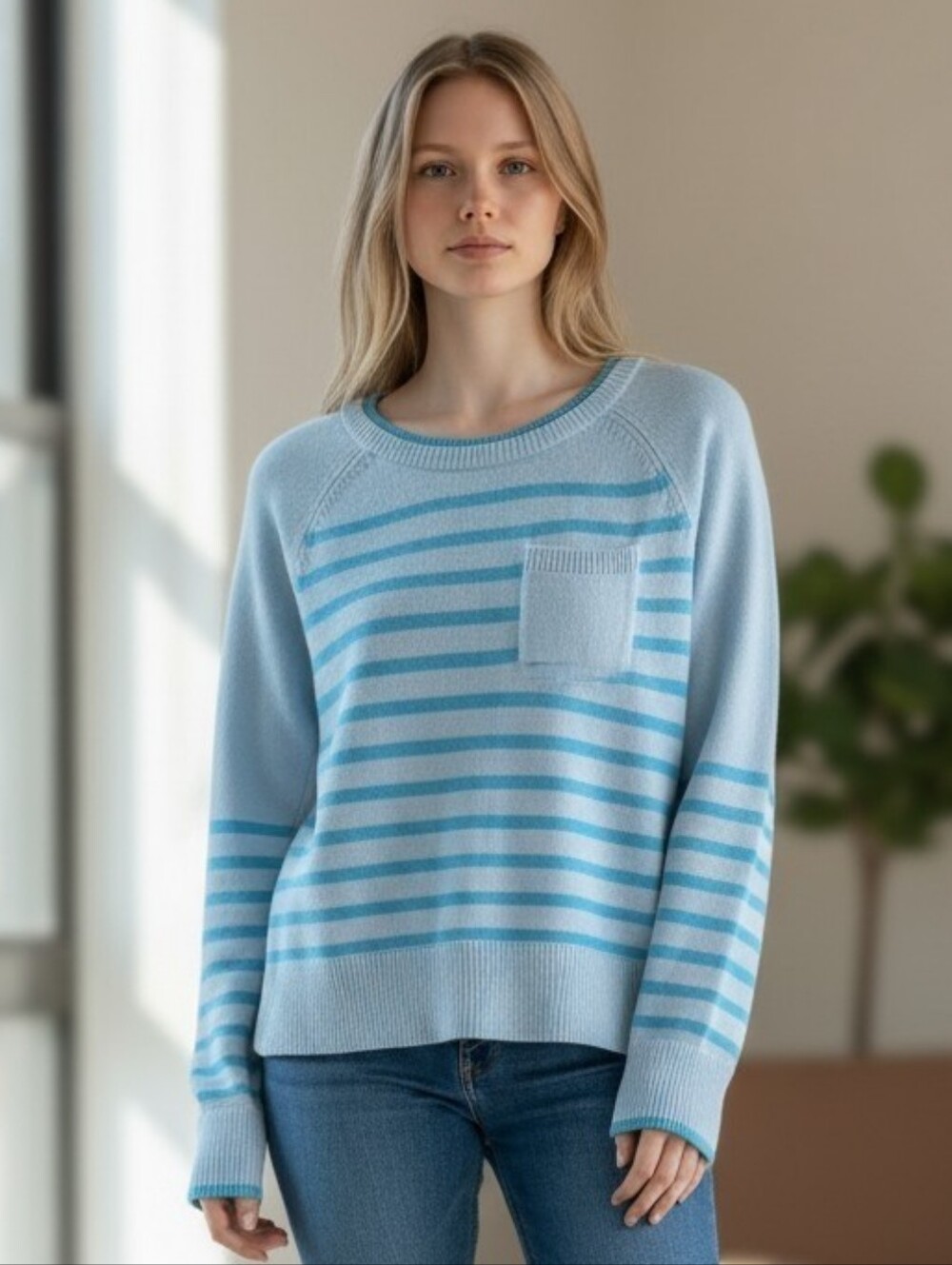 Talbots Cotton/ Merino Wool Blend Pale Blue Crewneck Sweater with Aqua Stripes